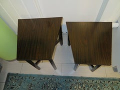 Wonderful Pair of Trapezoidal Walnut Side Table with Brass Sabots by Dunbar