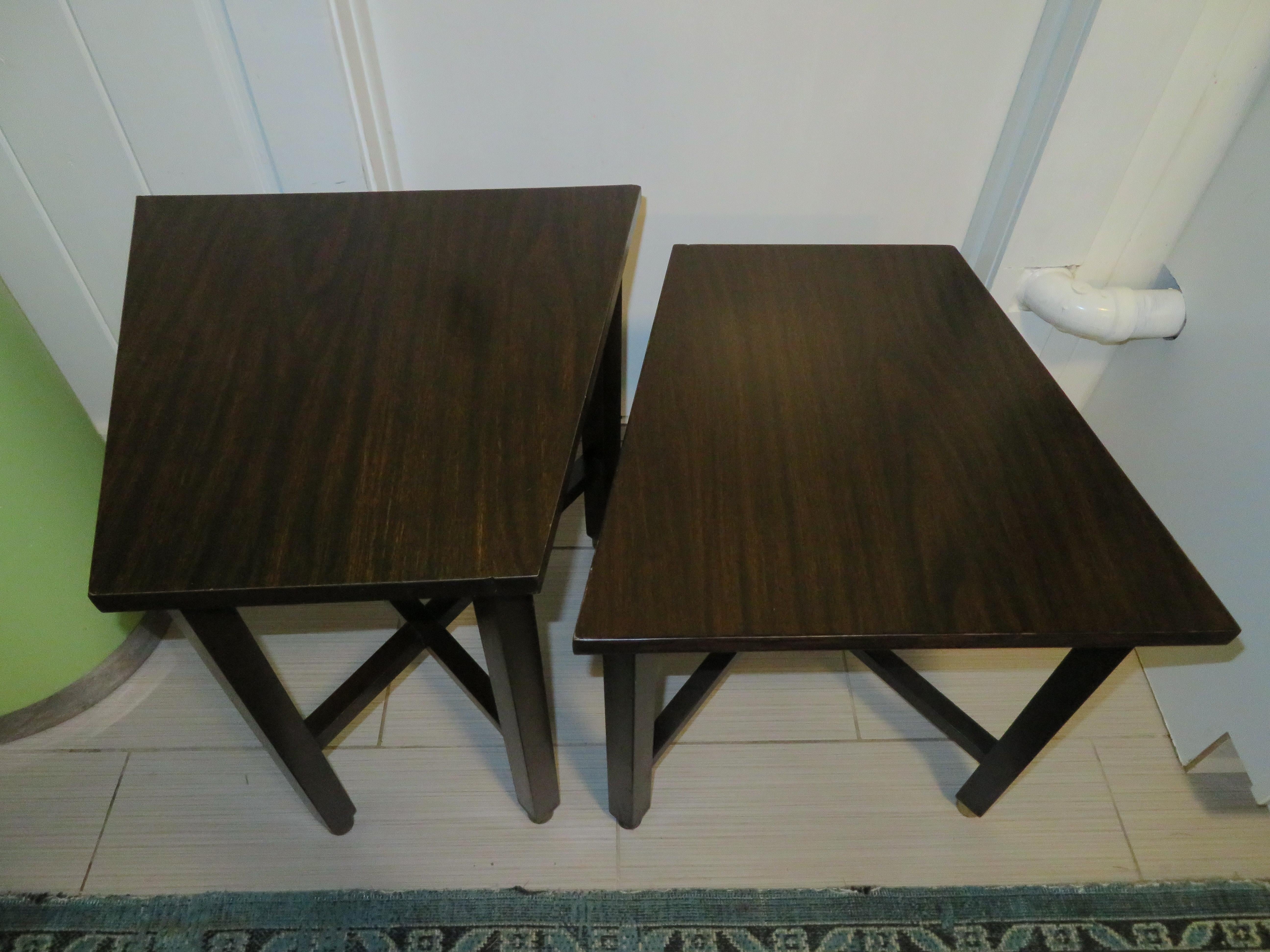 Wonderful Pair of Trapezoidal Walnut Side Table with Brass Sabots by Dunbar For Sale 1