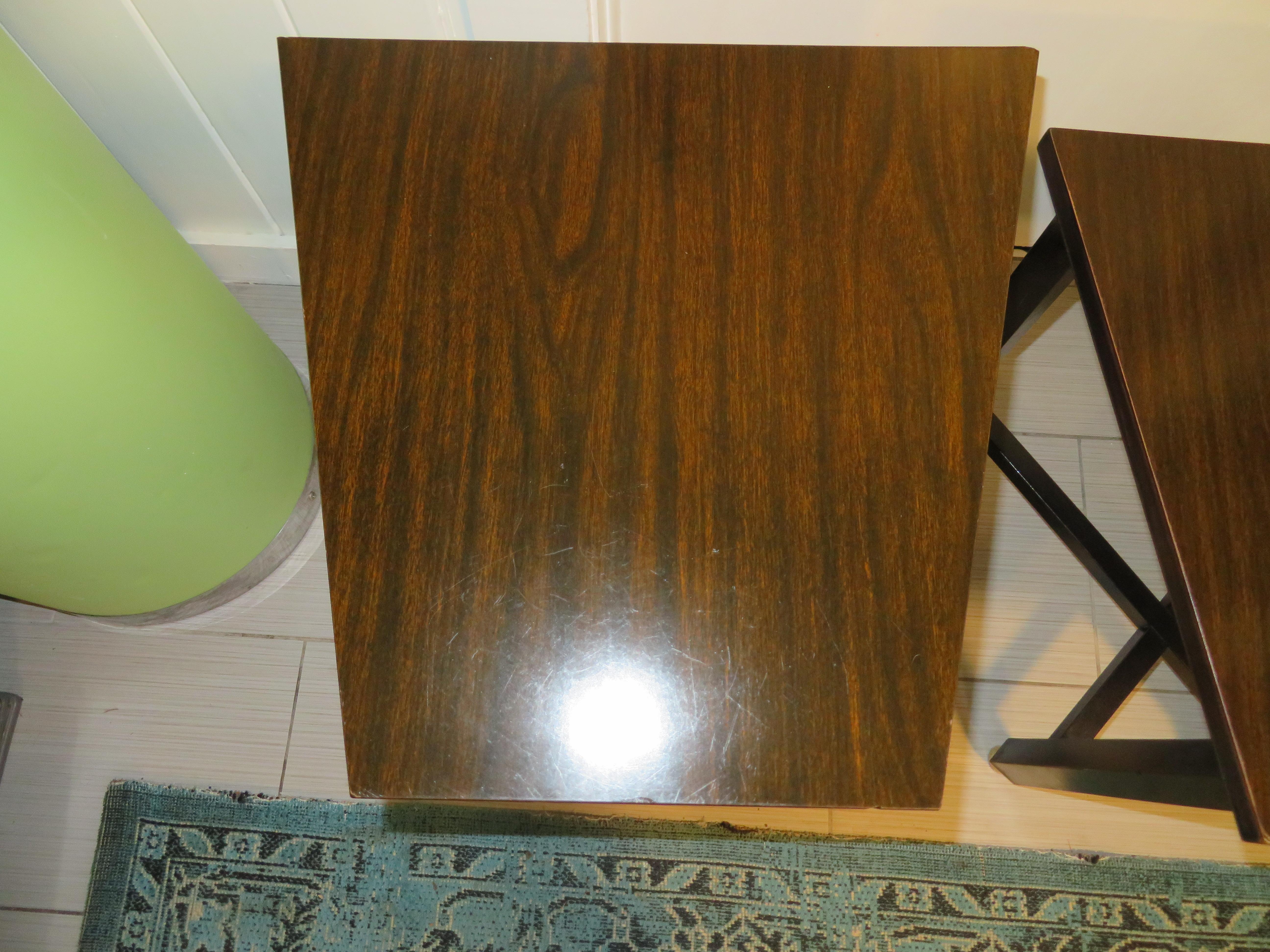 Wonderful Pair of Trapezoidal Walnut Side Table with Brass Sabots by Dunbar For Sale 3