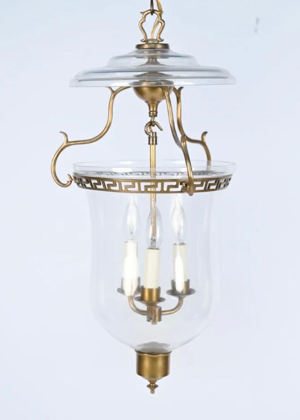 A Wonderful Pair Of Vaughan Bell Jar Glass & Brass Pendant Light Lantern Fixtures Each With A 3 Light Cluster, Accompanied By Chain And Canopy For Installation. 