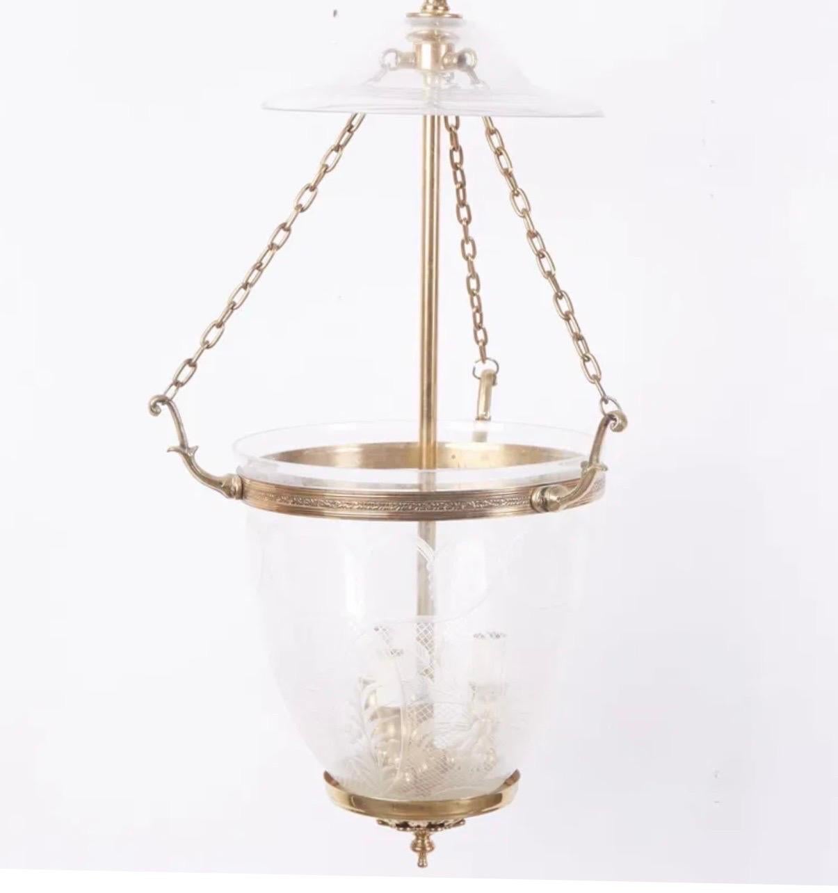 A Wonderful Petite Pair Of Vaughan Style Brass And Etched Glass Hall Bell Jar Lantern Ceiling Fixtures, Each With 3 Candelabra Lights With Chain And Canopy