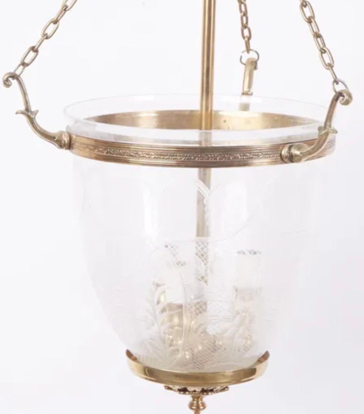 Regency Wonderful Pair Vaughan Brass Etched Glass Hall Bell Jar Lantern Ceiling Fixtures