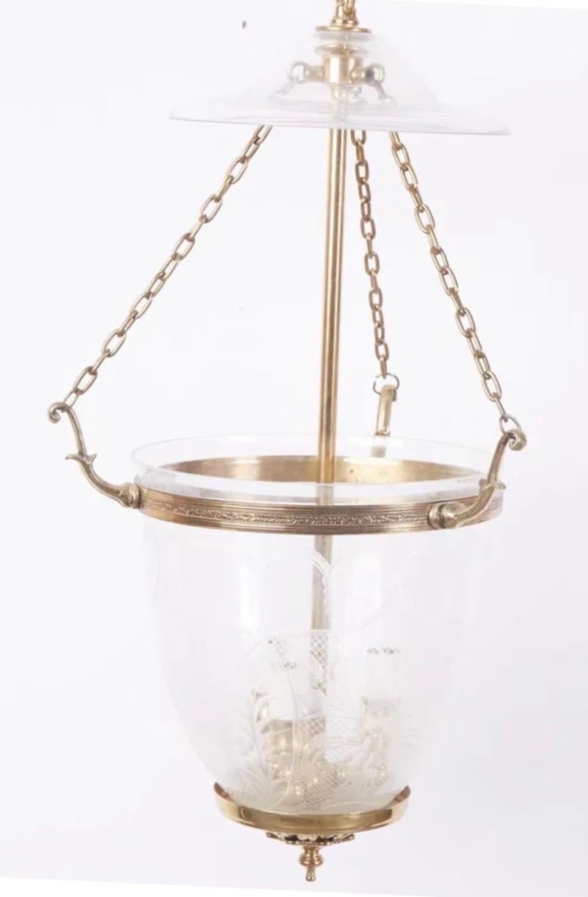 Wonderful Pair Vaughan Brass Etched Glass Hall Bell Jar Lantern Ceiling Fixtures In Good Condition In Roslyn, NY