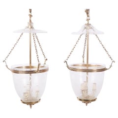 Wonderful Pair Vaughan Brass Etched Glass Hall Bell Jar Lantern Ceiling Fixtures