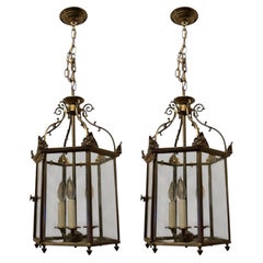 Maravilloso par de lámparas octogonales de cristal y bronce de Vaughan