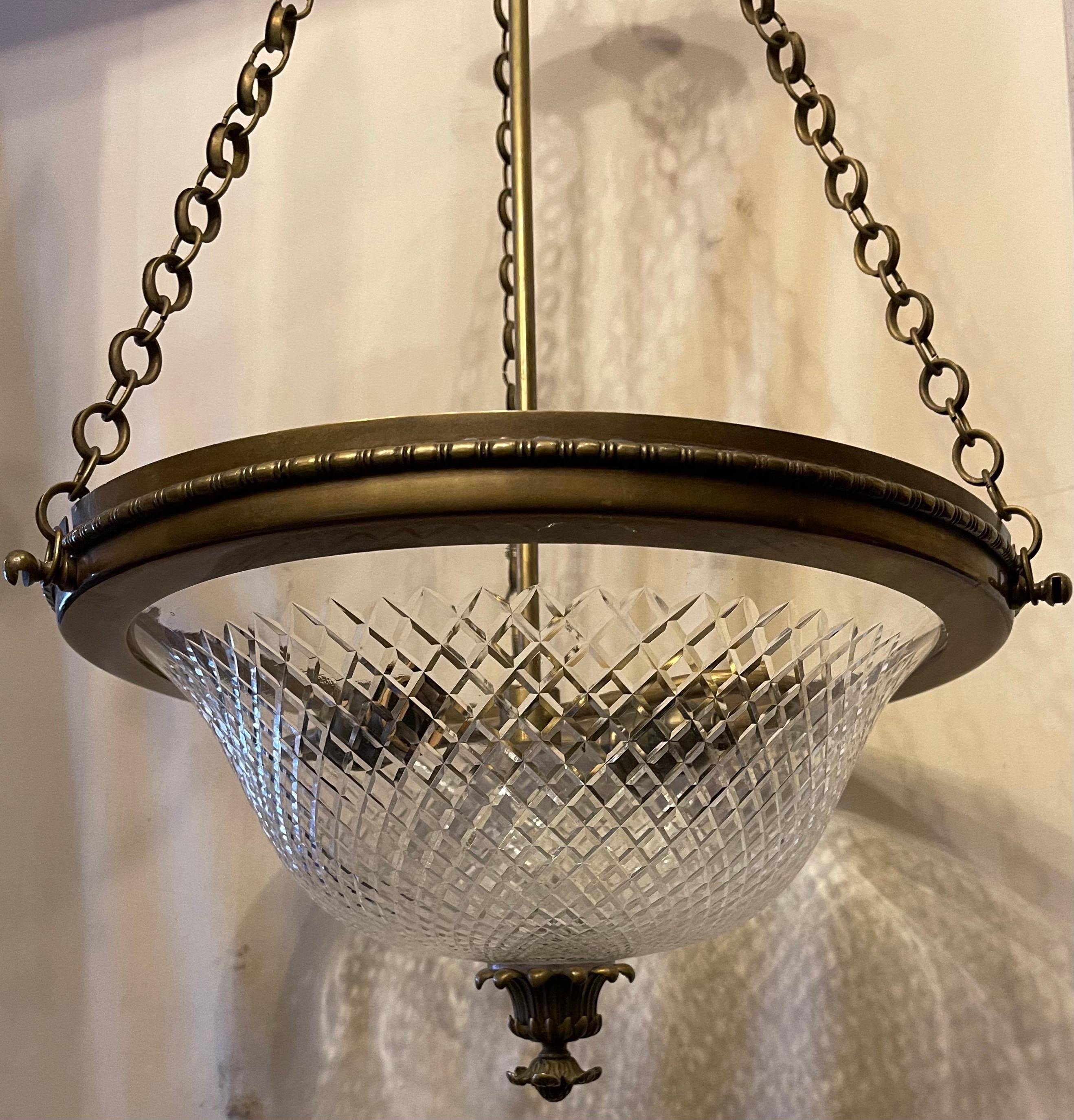 A wonderful pair of Vaughan designs bronze ormolu and cut crystal bowl semi flush mount light fixtures each with 2 Edison sockets, UL listed and ready to install with mounting brackets. Vaughn labels inside each canopy.

These fixtures can be cut