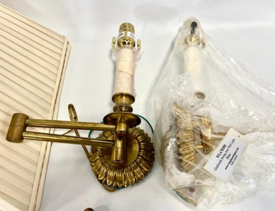 Wonderful Pair Vaughan Chedworth Swing Arm Solid Brass Wall Light Sconces In Good Condition For Sale In Roslyn, NY