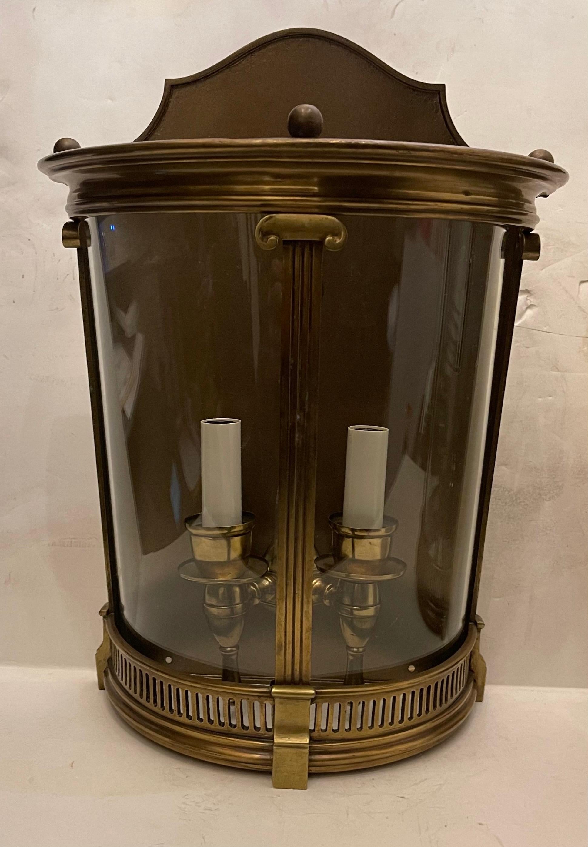 A Wonderful Pair Of Vaughan Style Large Brass / Bronze And Curved Blown Glass Lantern Wall Sconces Each Rewired With Candelabra Sockets
