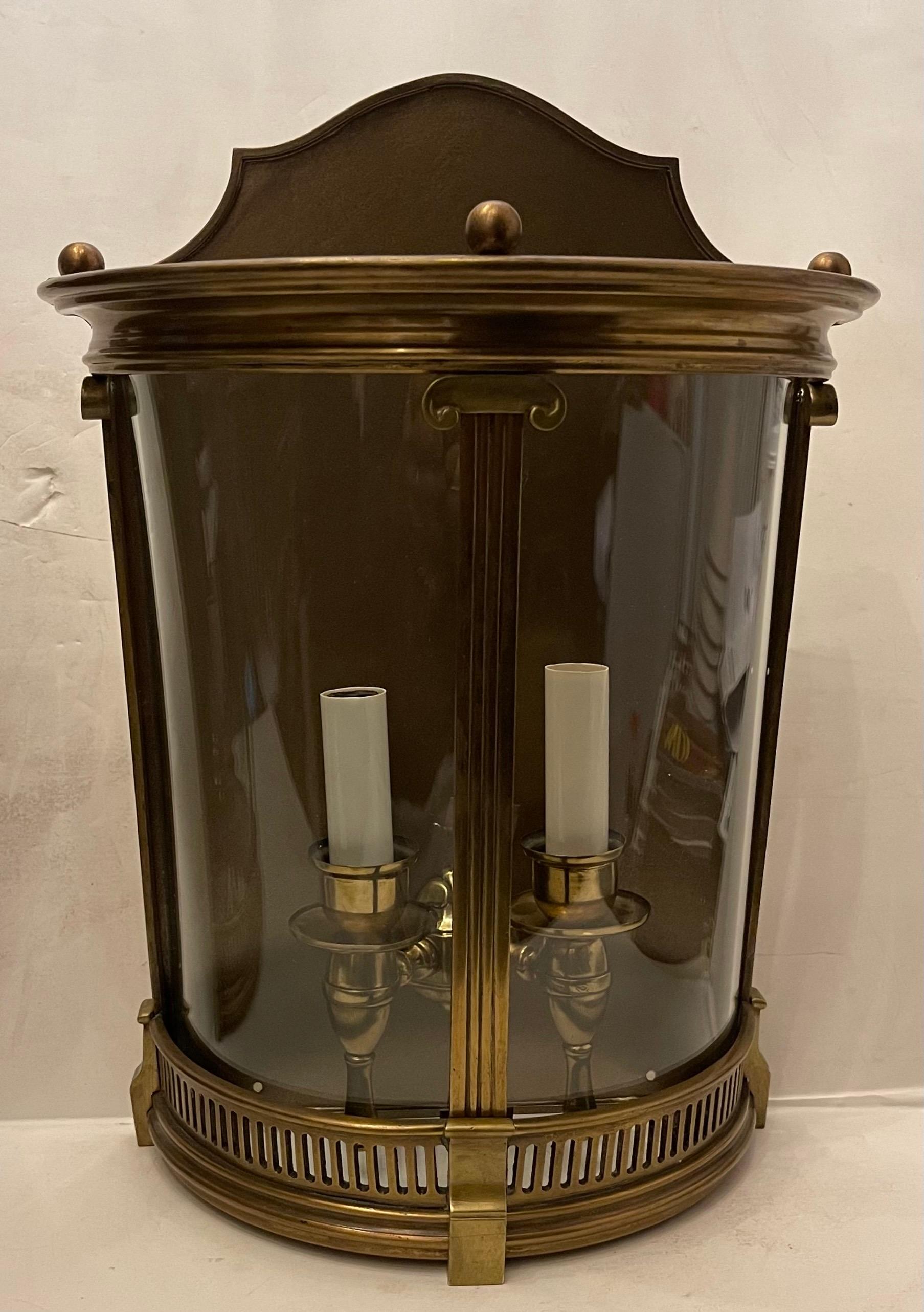Gilt Wonderful Pair Vaughan Large Brass Bronze & Curved Glass Lantern Regency Sconces For Sale