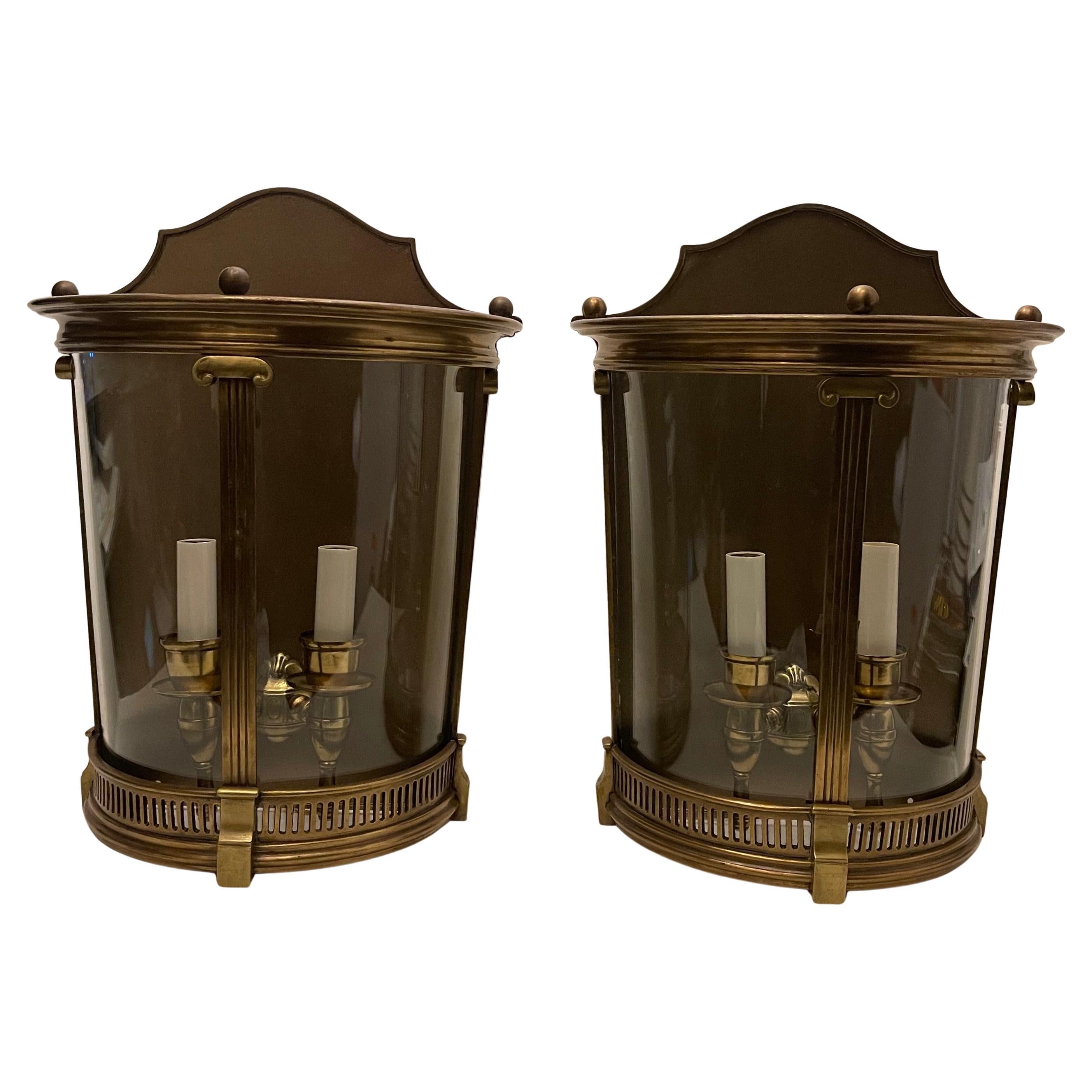 Wonderful Pair Vaughan Large Brass Bronze 
Curved Glass Lantern Regency Sconces For Sale