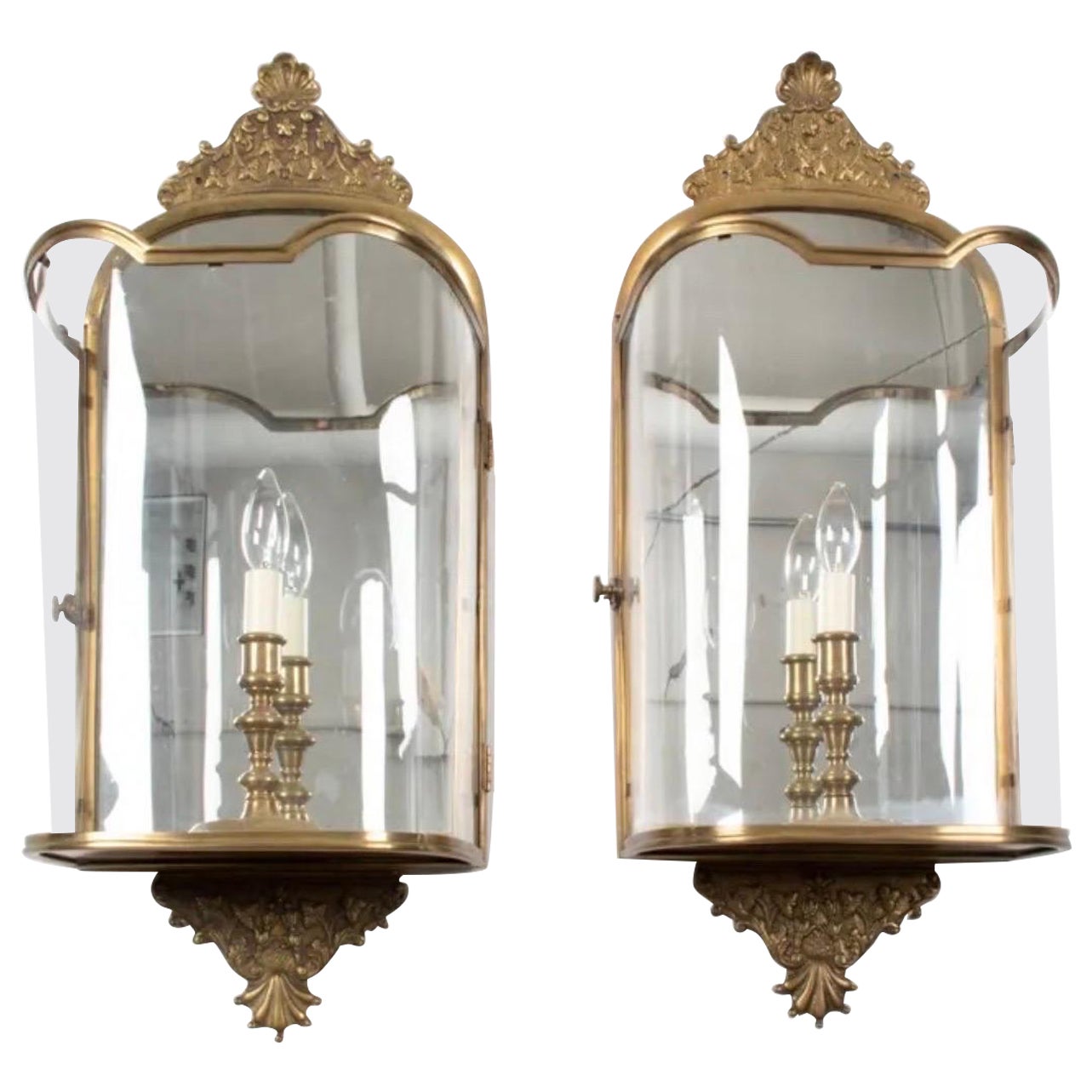 Wonderful Pair Vaughan Large Brass Bronze & Curved Plexiglass Lantern Sconces