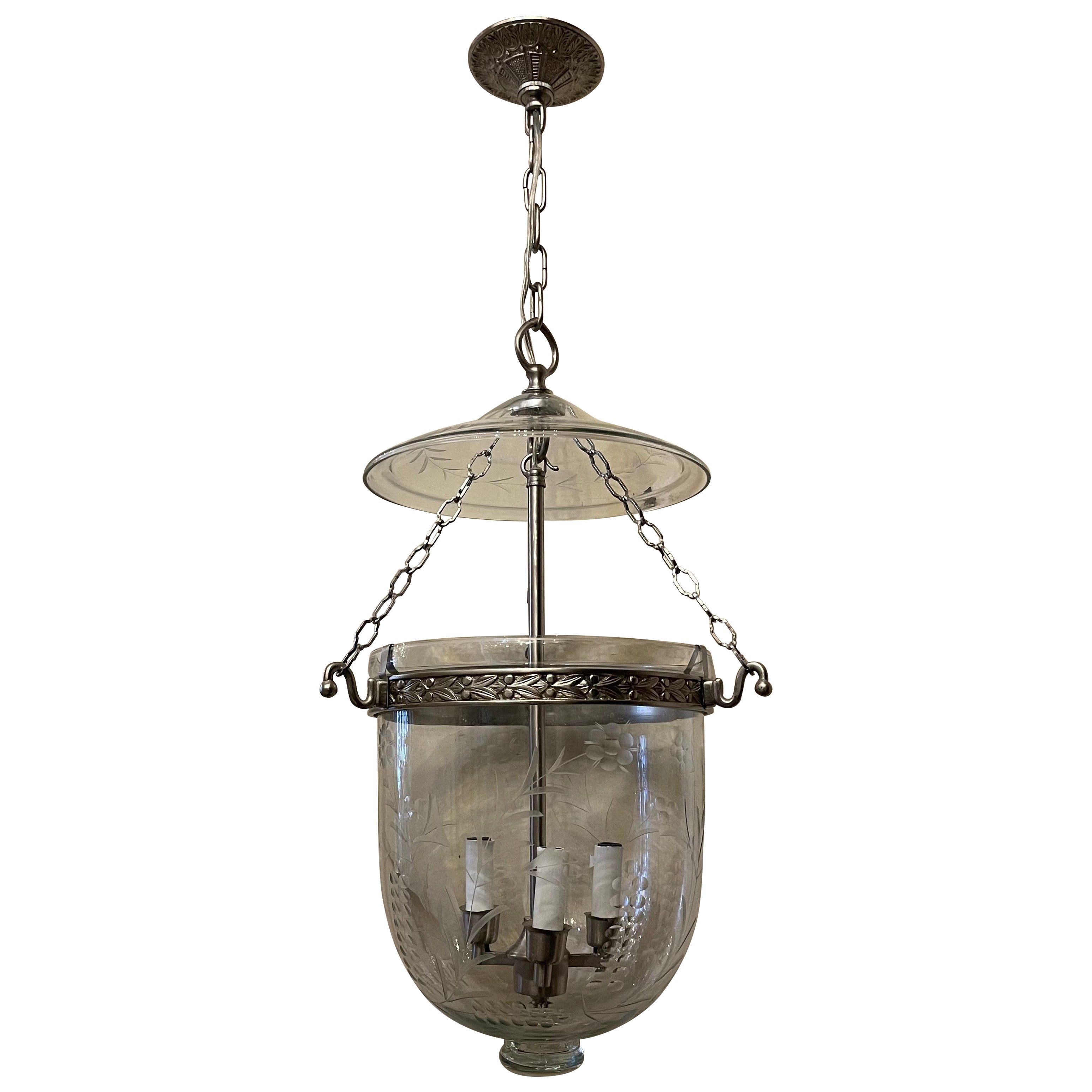 Wonderful Pair Vaughan Nichel Glass Flower Bell Jar 3-Light Lantern Fixtures