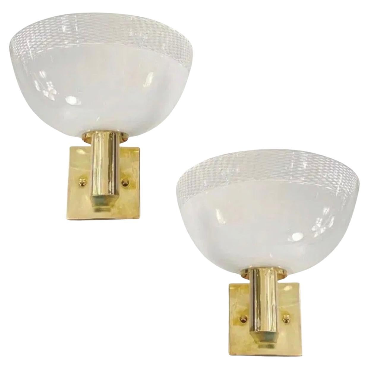 Wonderful Pair Venini Italian Art Deco Murano Art Glass Brass Wall Sconces