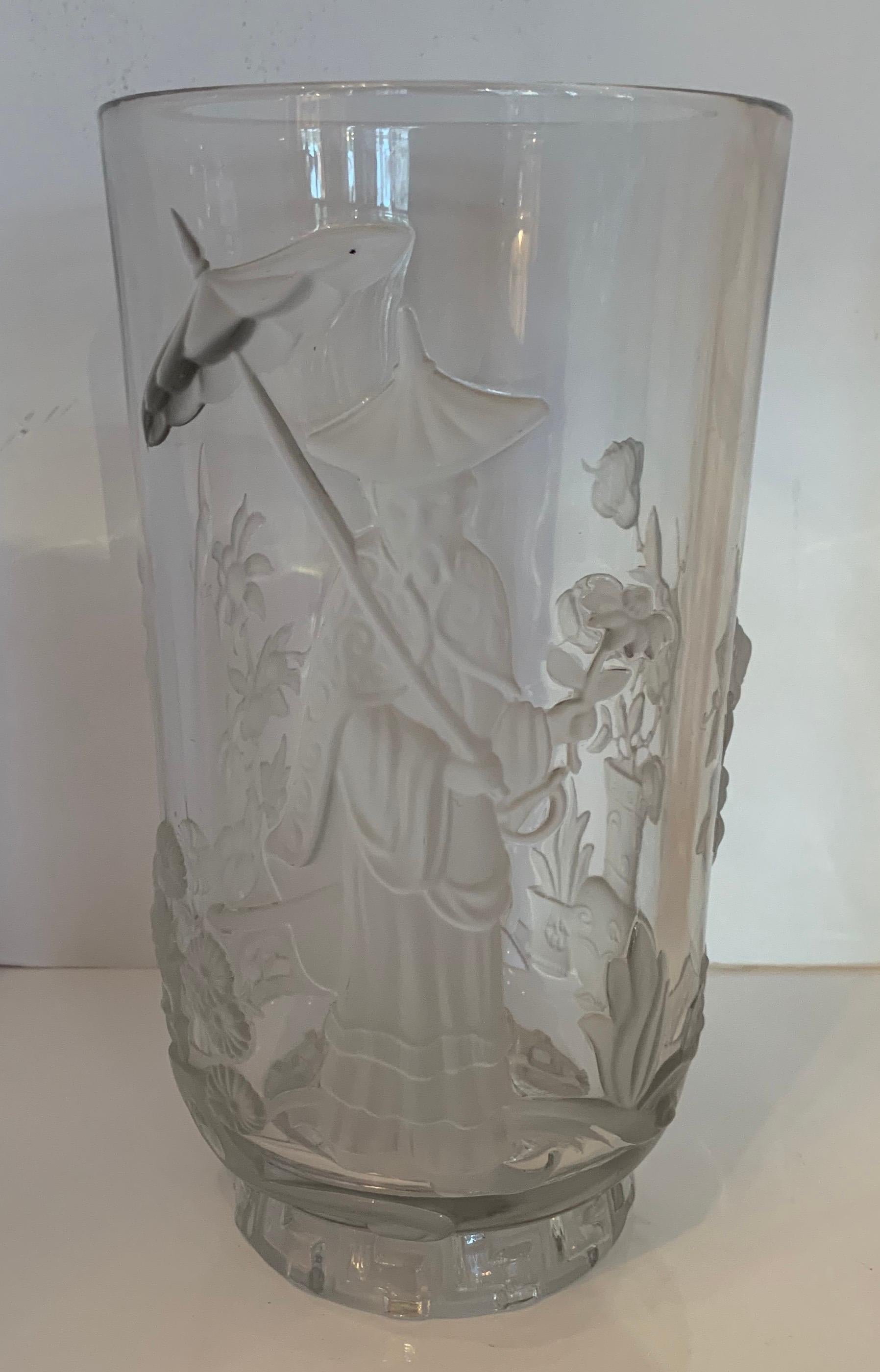 A wonderful pair of Verlys art glass mandarin chinoiserie vases.