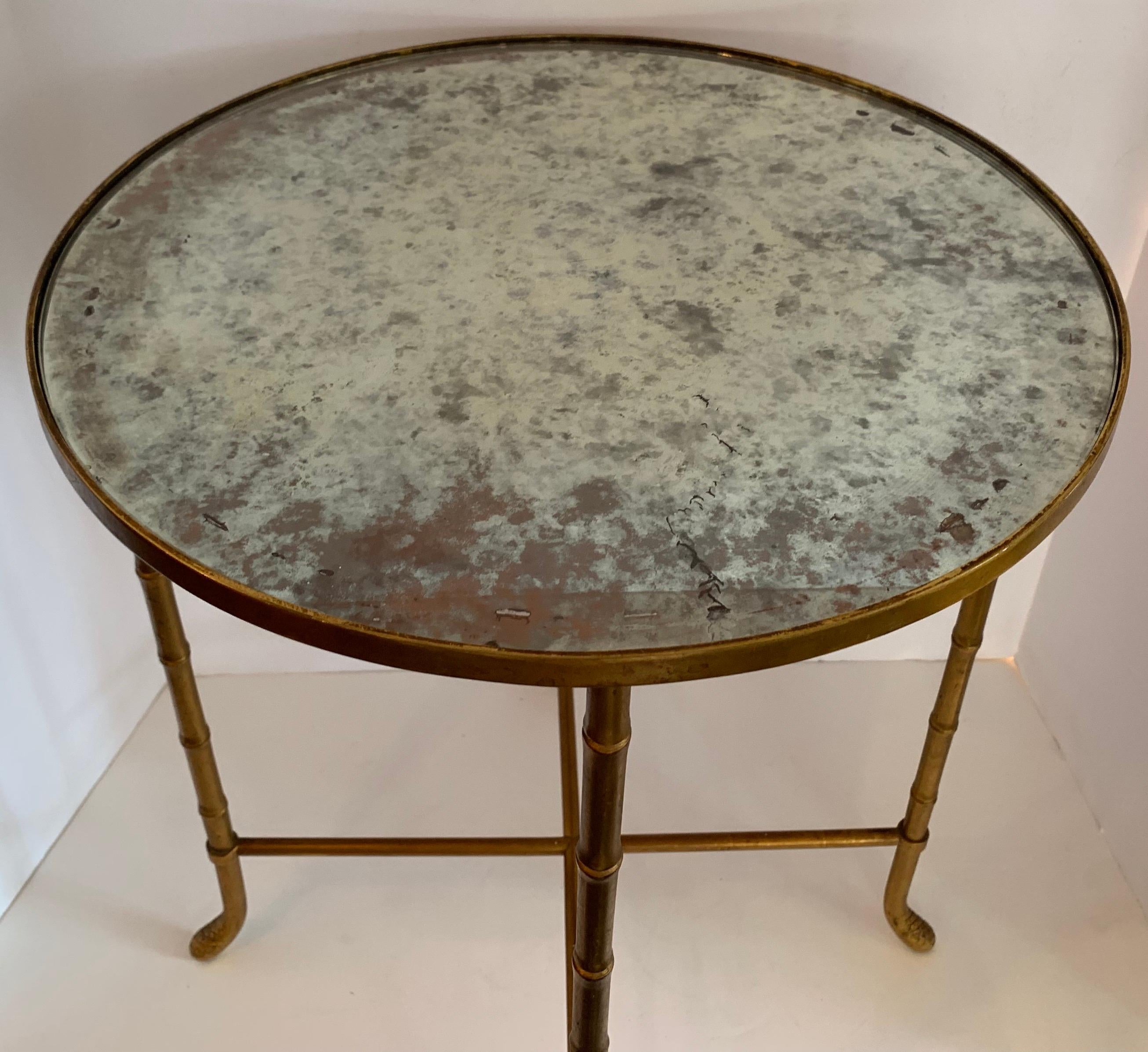 A Wonderful Pair Of Vintage Bagues Style Distressed Mirrored Top & Gold Gilt Brass Bamboo Side Tables