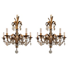 Wonderful Vintage Baguès Rock Crystal Beaded Swag Floral Gilt Chandeliers, Pair