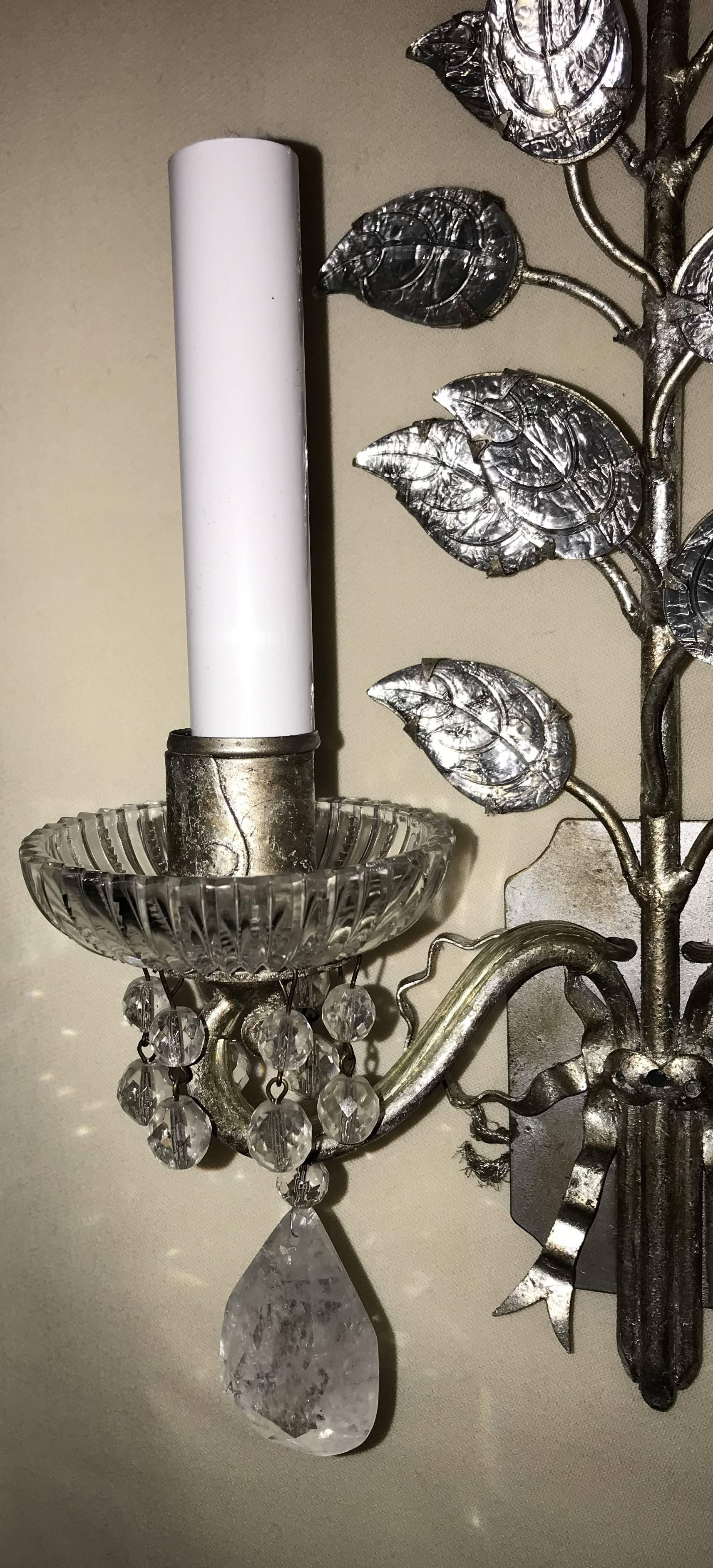Silvered Wonderful Pair of Vintage Baguès Rock Crystal Silver Leaf Flower Bow Sconces