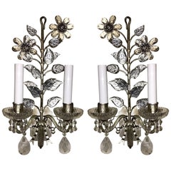 Wonderful Pair of Vintage Baguès Rock Crystal Silver Leaf Flower Bow Sconces