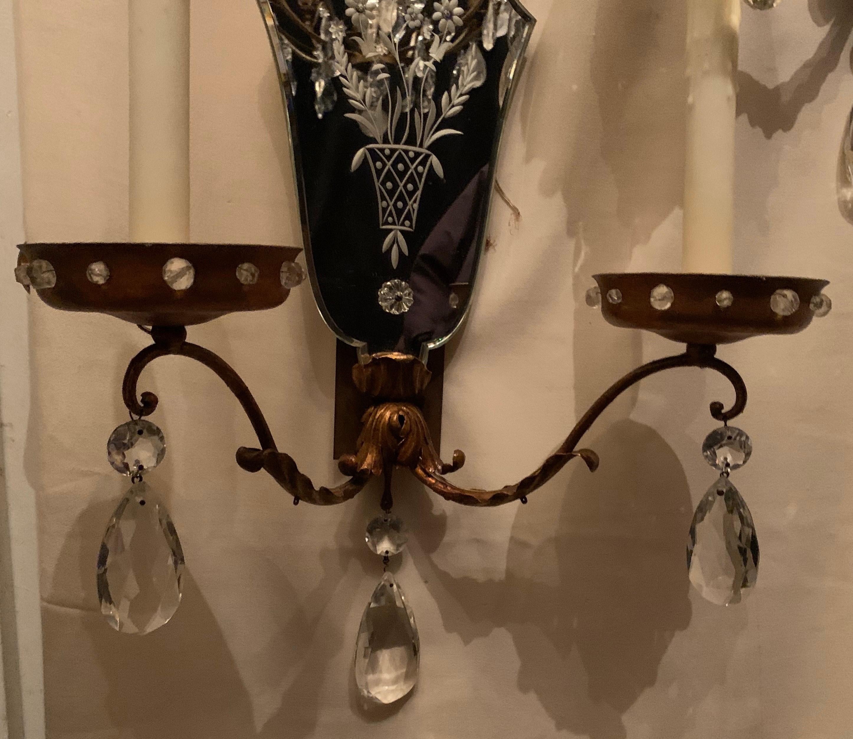 Wonderful Pair of Vintage Etched Mirror Back Baguès Tole Crystal Italian Sconces In Good Condition For Sale In Roslyn, NY