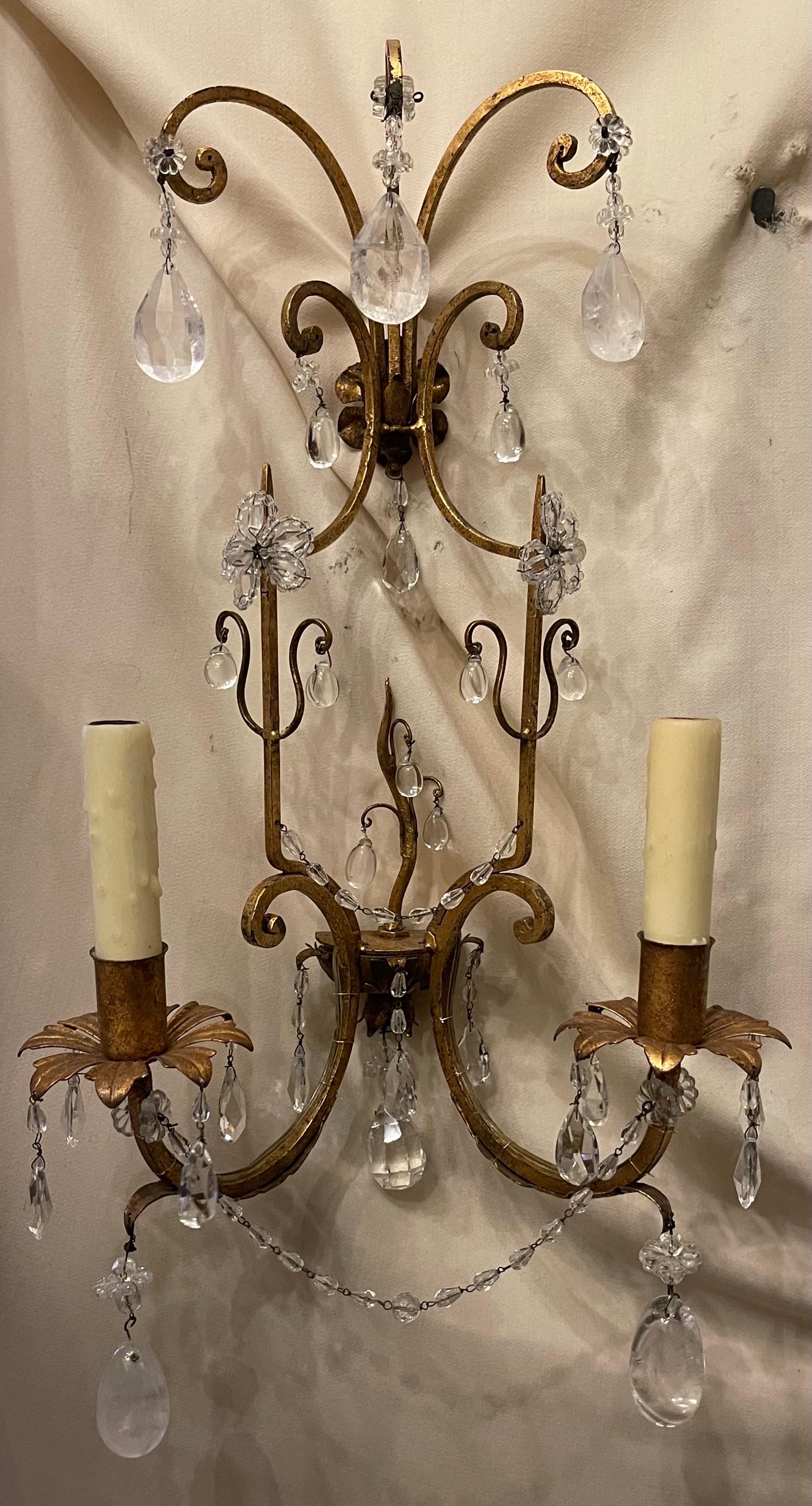 A Wonderful Pair Of Vintage Gold Gilt With Rock Crystal & Alternating Crystal Drop Maison Baguès Style With Beautiful Flower Mendelian Sconces Purchased From Nestle NYC