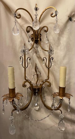 Wonderful Pair Vintage Gilt Rock Crystal Maison Baguès Flower Nestle Sconces
