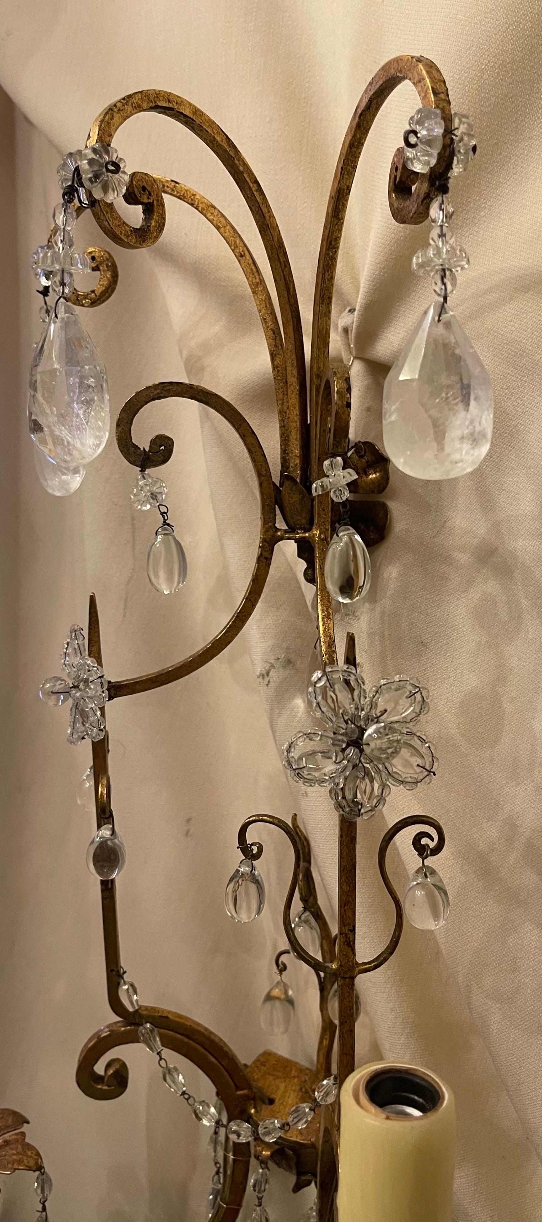 Glass Wonderful Pair Vintage Gilt Rock Crystal Maison Baguès Flower Nestle Sconces For Sale