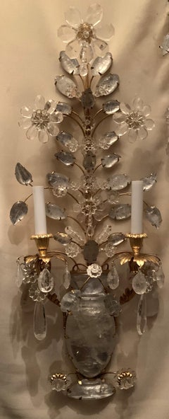 Wonderful Vintage Gold Gilt Rock Crystal 2 Light Baguès Urn Flower Sconces, Pair
