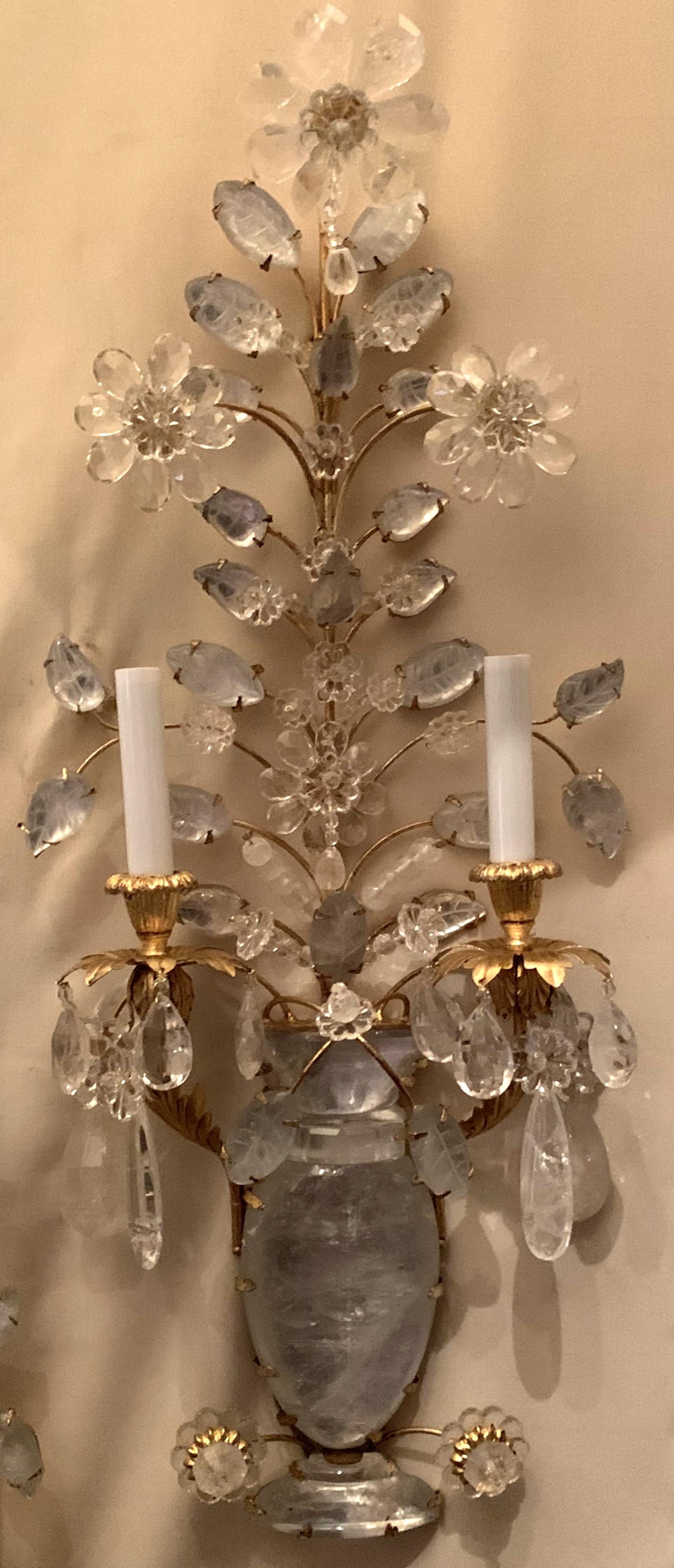 Belle Époque Wonderful Vintage Gold Gilt Rock Crystal 2 Light Baguès Urn Flower Sconces, Pair
