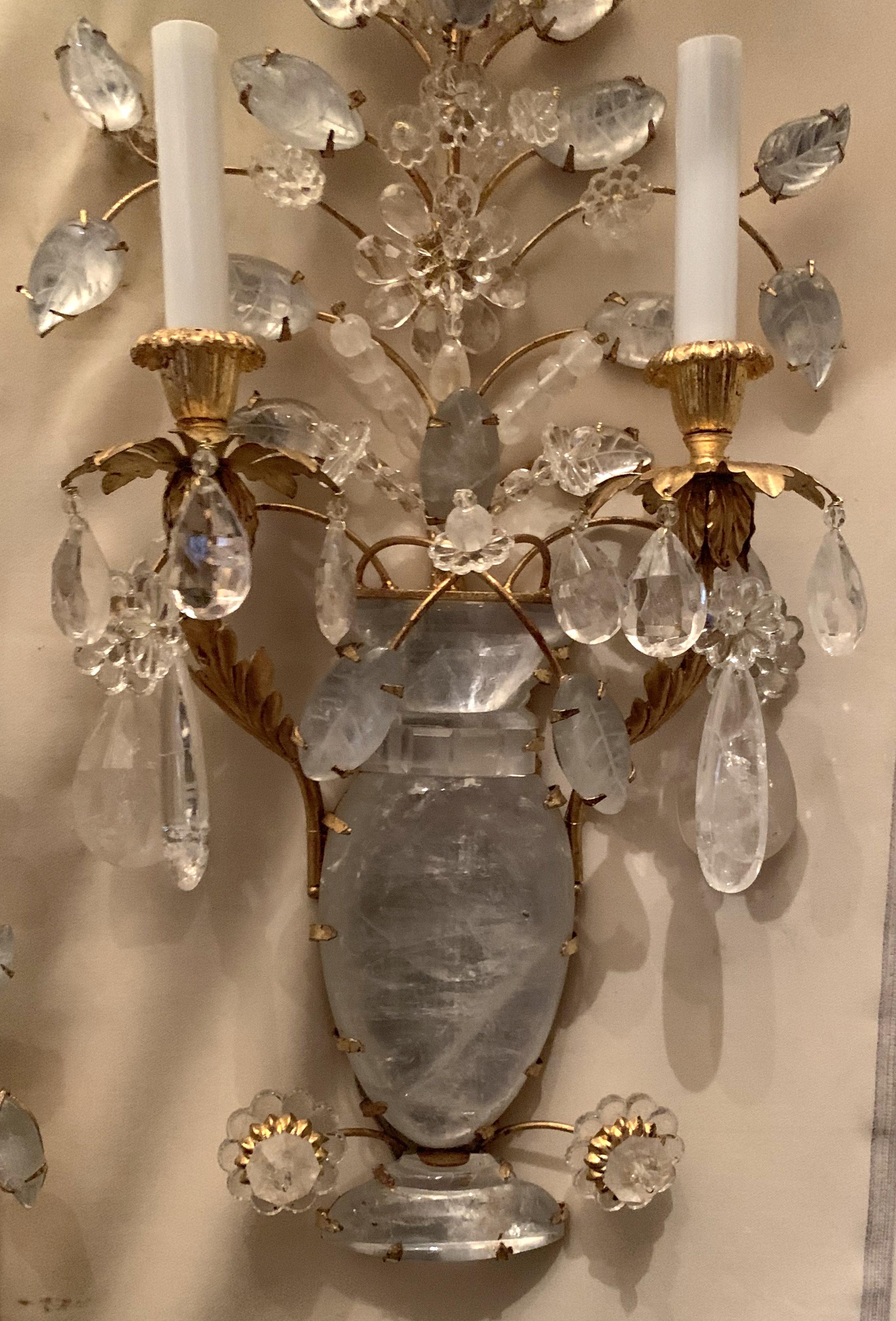 Italian Wonderful Vintage Gold Gilt Rock Crystal 2 Light Baguès Urn Flower Sconces, Pair