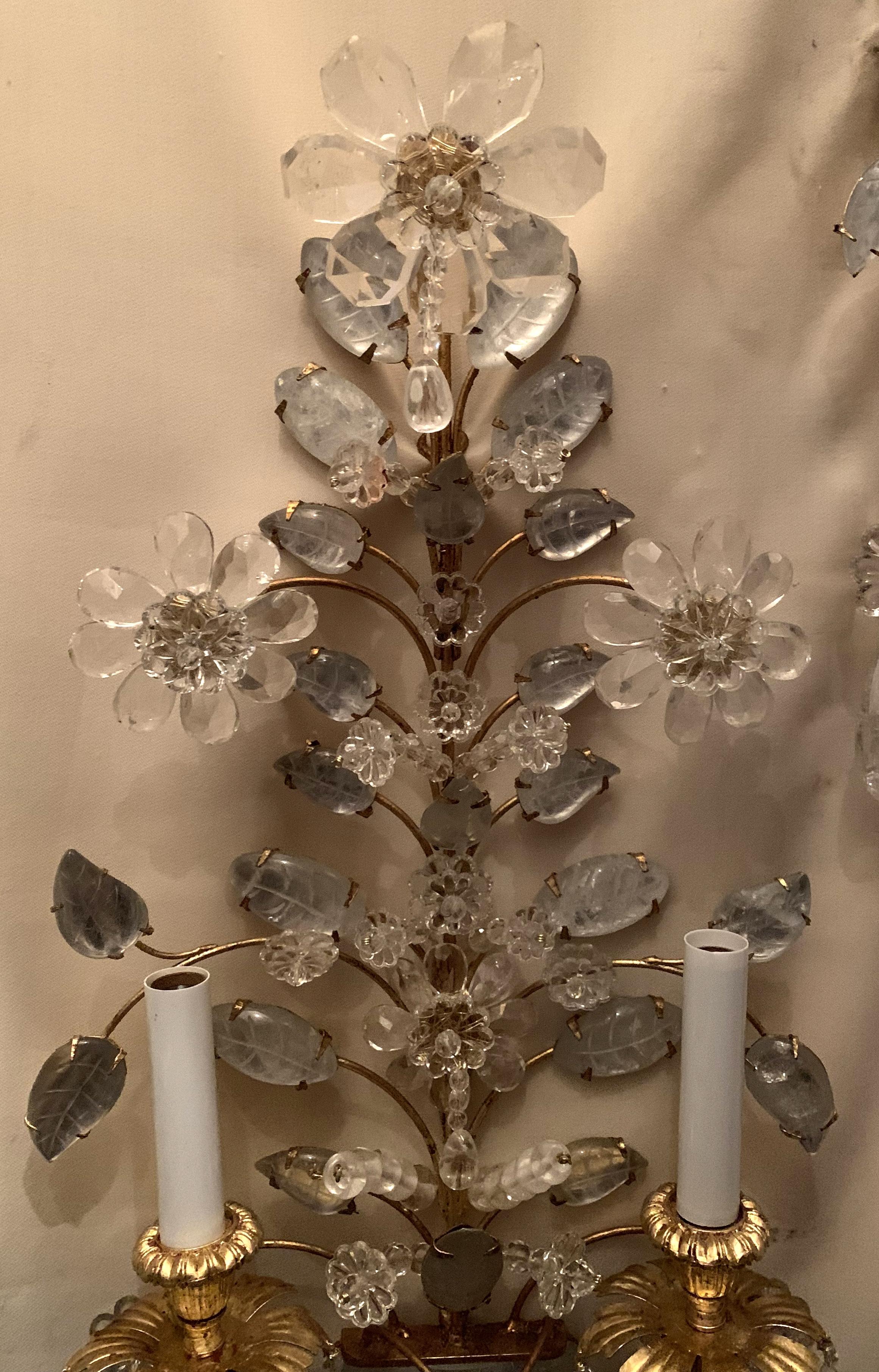 Wonderful Vintage Gold Gilt Rock Crystal 2 Light Baguès Urn Flower Sconces, Pair In Good Condition In Roslyn, NY