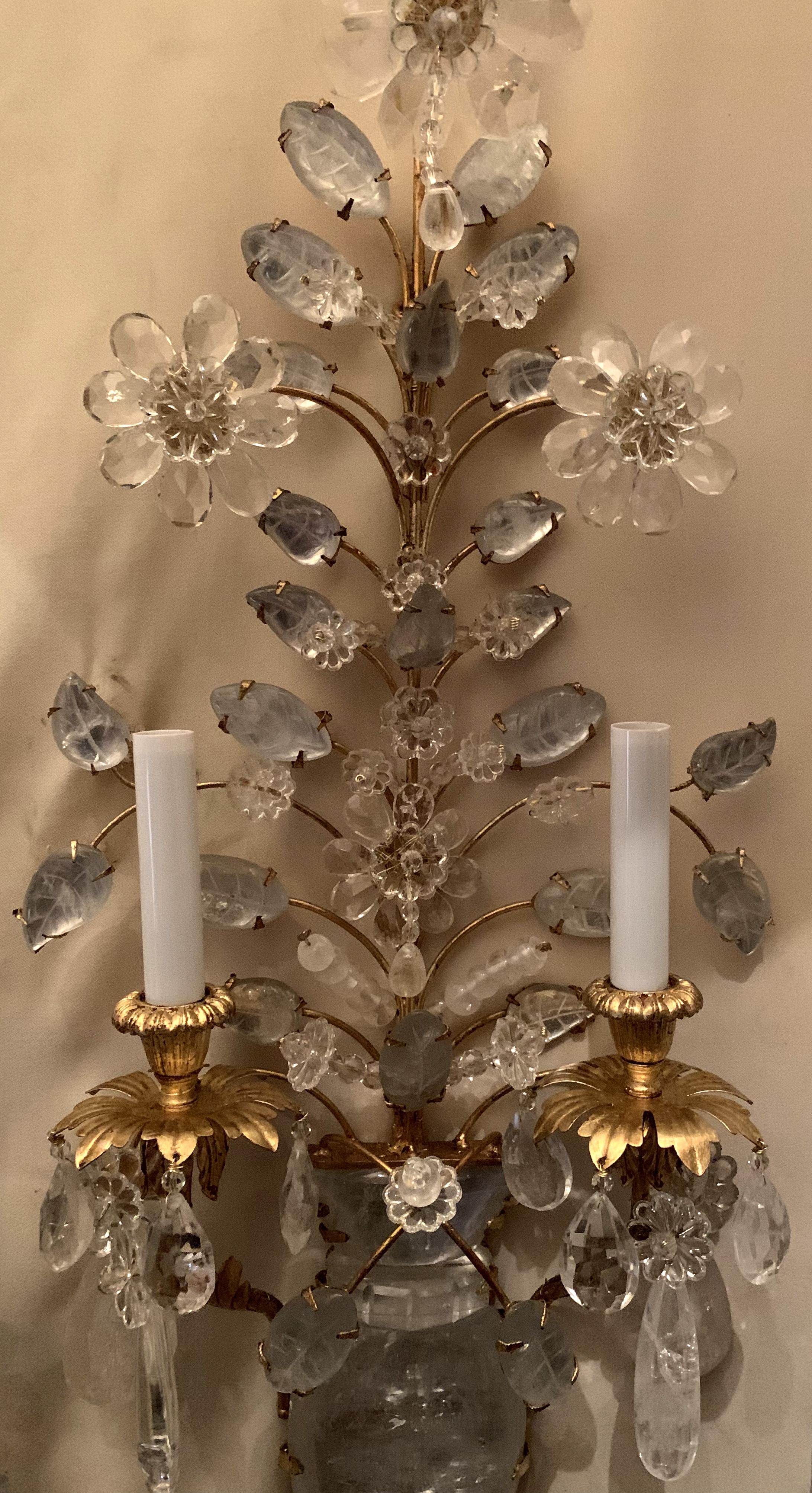 Wonderful Vintage Gold Gilt Rock Crystal 2 Light Baguès Urn Flower Sconces, Pair 1