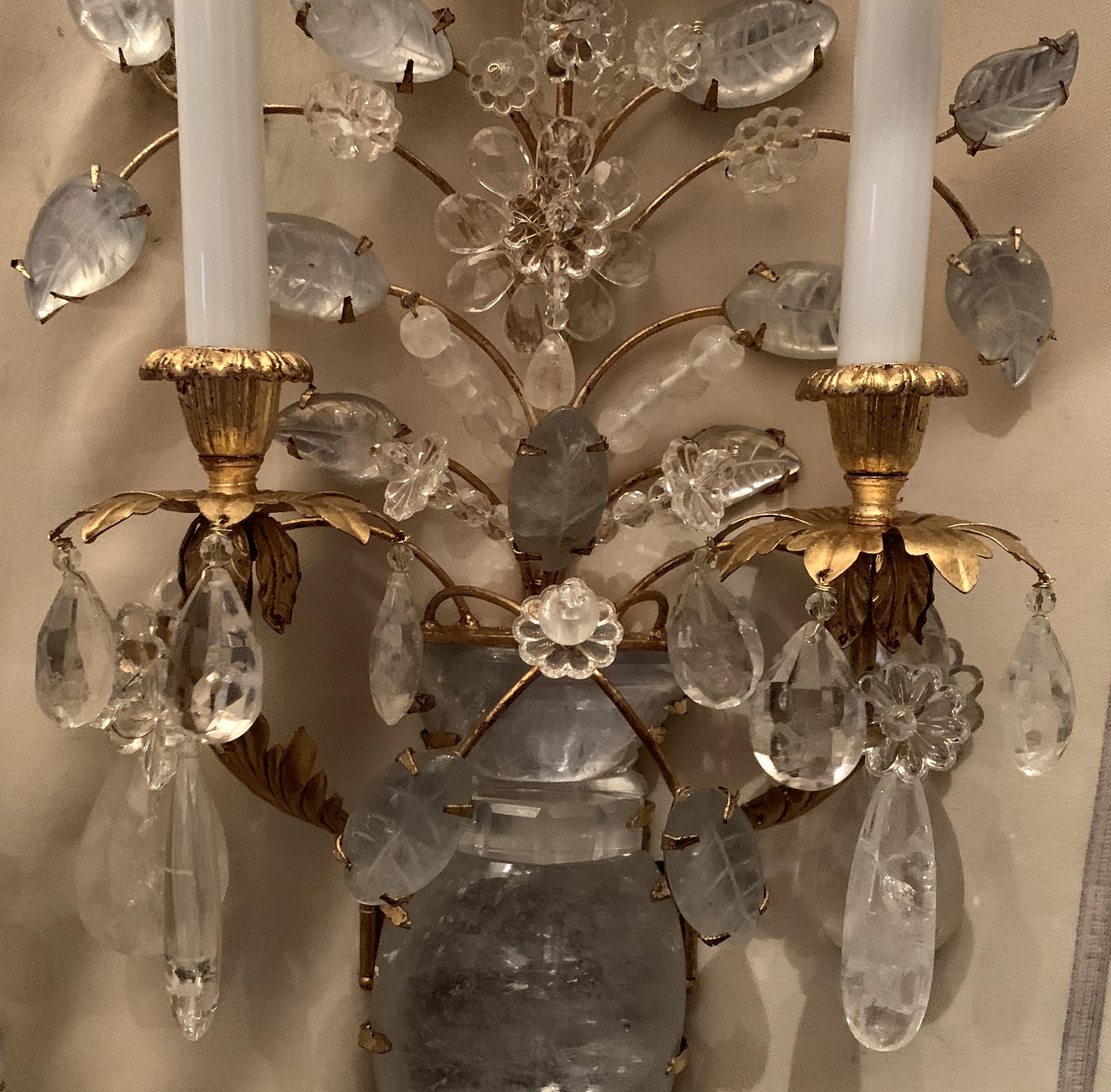 Wonderful Vintage Gold Gilt Rock Crystal 2 Light Baguès Urn Flower Sconces, Pair 2