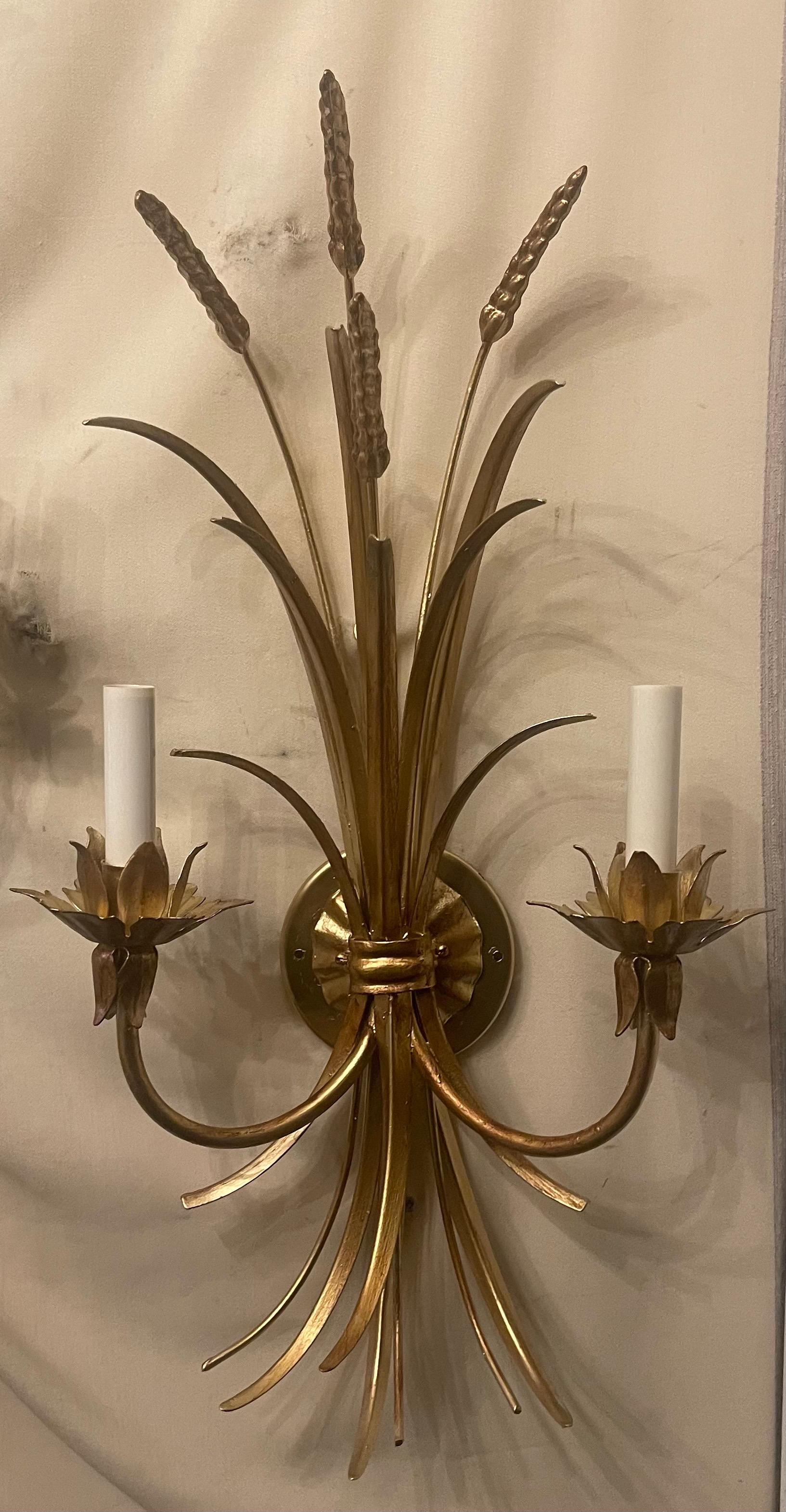 A Wonderful Pair Of Vintage Italian Wheat / Sheaf Form Two-Light Tole Gold Gilt Sconces