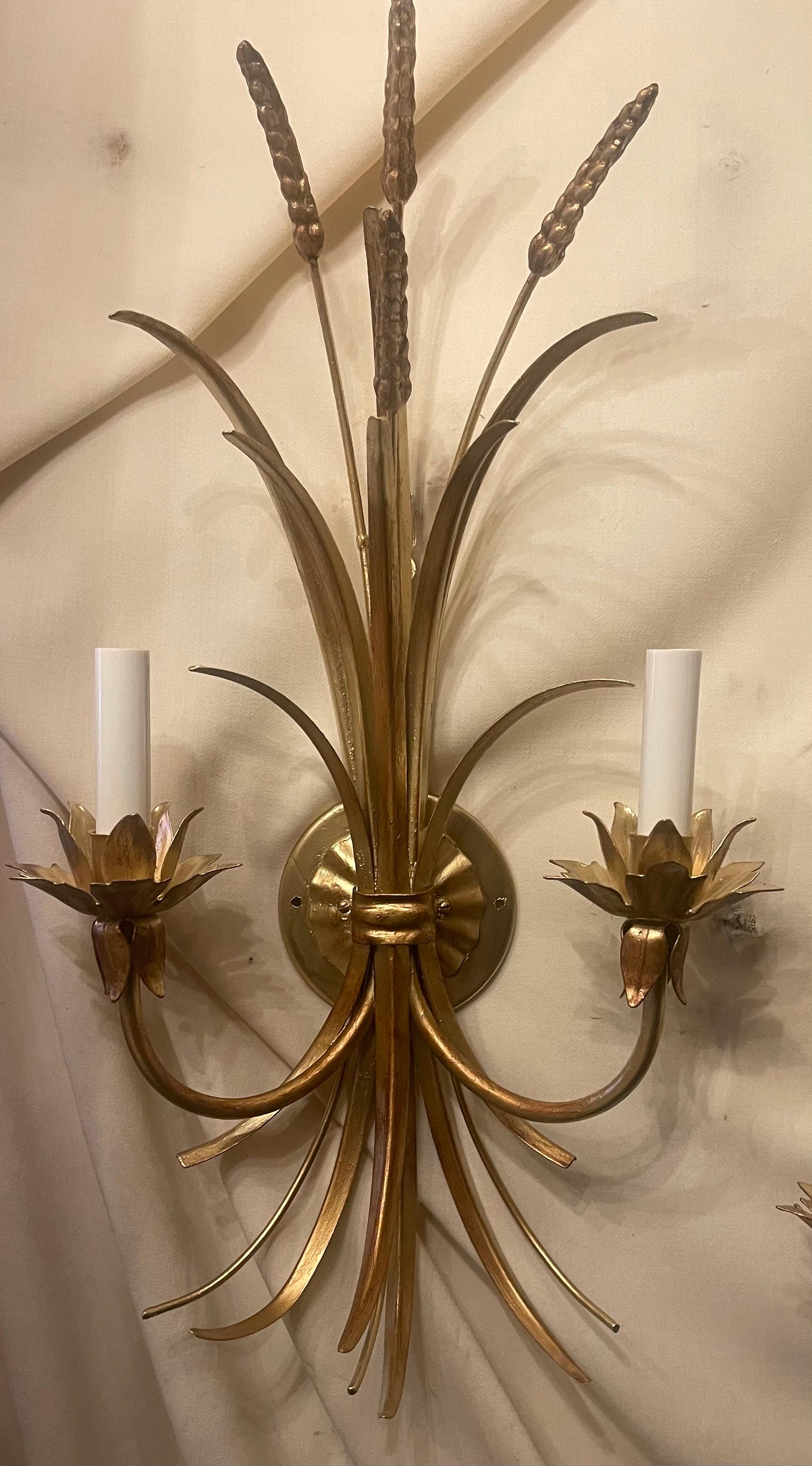 20th Century Wonderful Pair Vintage Italian Wheat Sheaf Two-Light Tole Gold Gilt Sconces