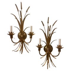 Wonderful Pair Vintage Italian Wheat Sheaf Two-Light Tole Gold Gilt Sconces
