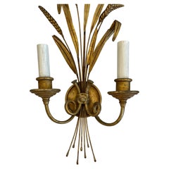 Wonderful Pair Vintage Italian Wheat Two-Light Tole Gold French Horn Sconces