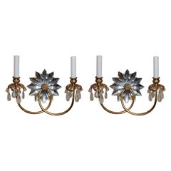 Wonderful Pair of Vintage Mid-Century Modern Star Rock Crystal Gold Gilt Sconces