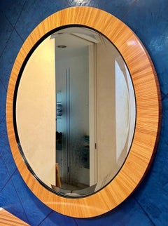 Wonderful Pair Vintage Modern Zebra Macassar Wood Beveled Large Round Mirrors