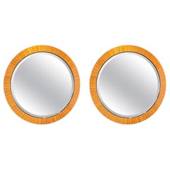 Wonderful Pair Vintage Modern Zebra Macassar Wood Beveled Large Round Mirrors