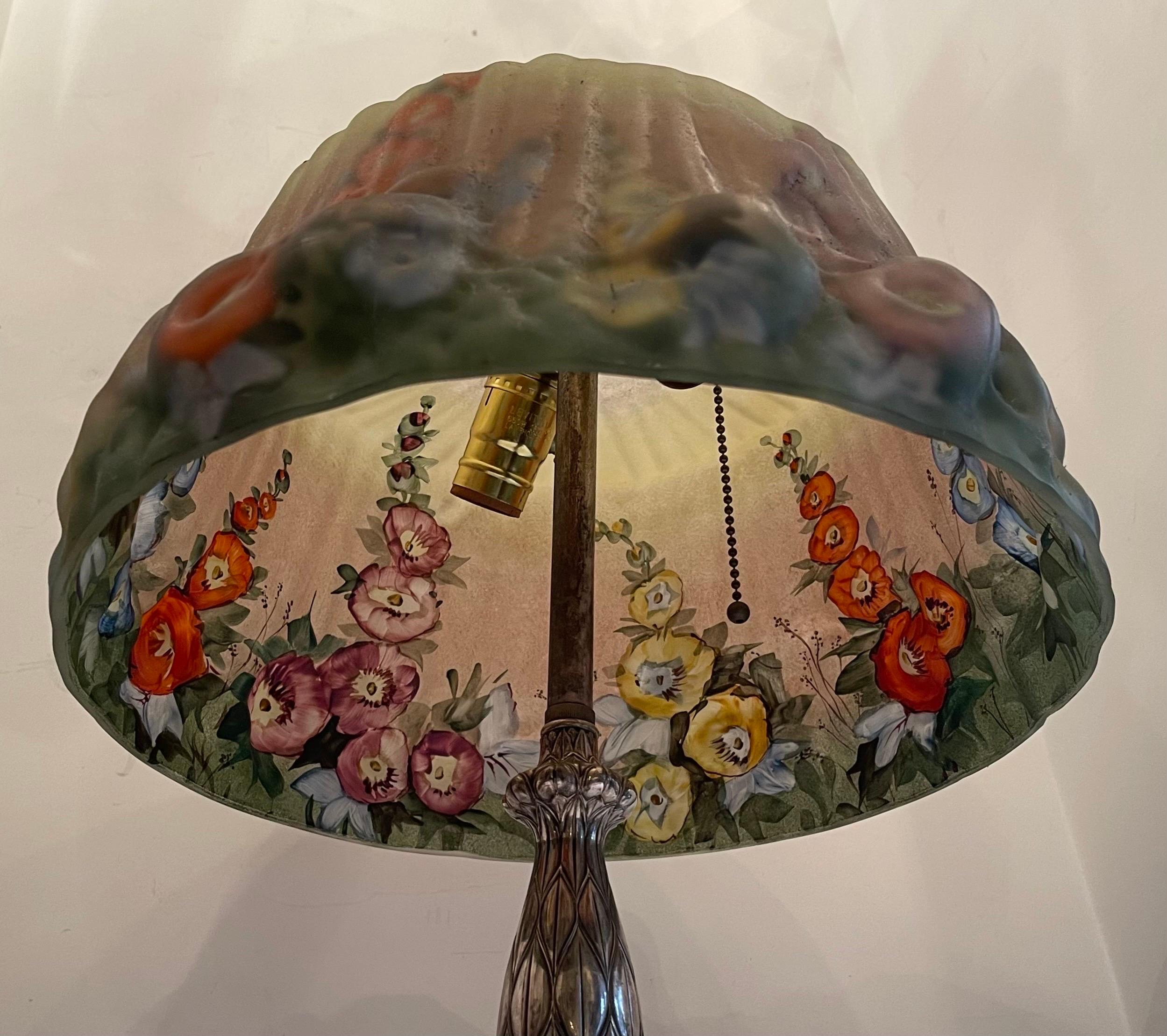 Art Nouveau Wonderful Pairpoint Puffy Hollyhock Lamp Reverse Painted Vibrant Colors Art Deco