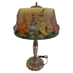 Merveilleuse lampe Hollyhock Pairpoint Puffy peinte à l'envers, couleurs vives Art Déco