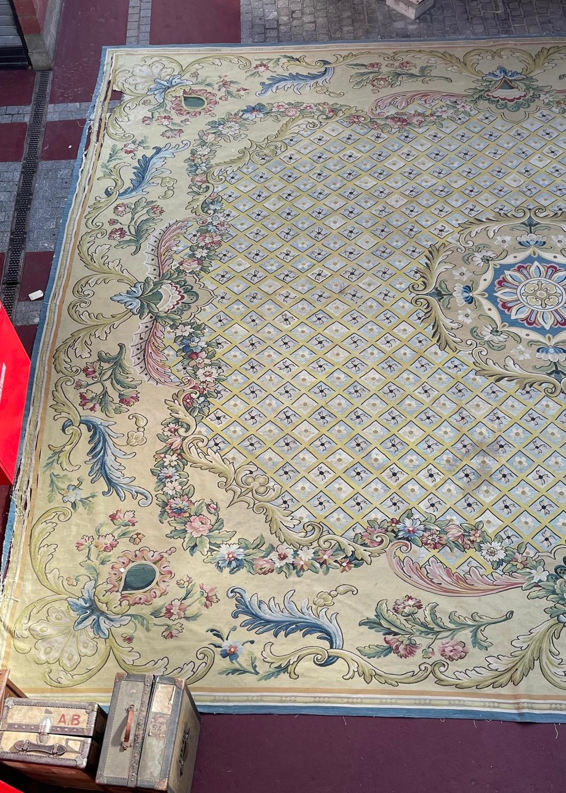 Wonderful very large and palace size dimensions early 20th century French Aubusson carpet, probably woven at the custom size and style in the workshop of the very famous French decorator of its time. In style of the 18th century Aubusson rugs from