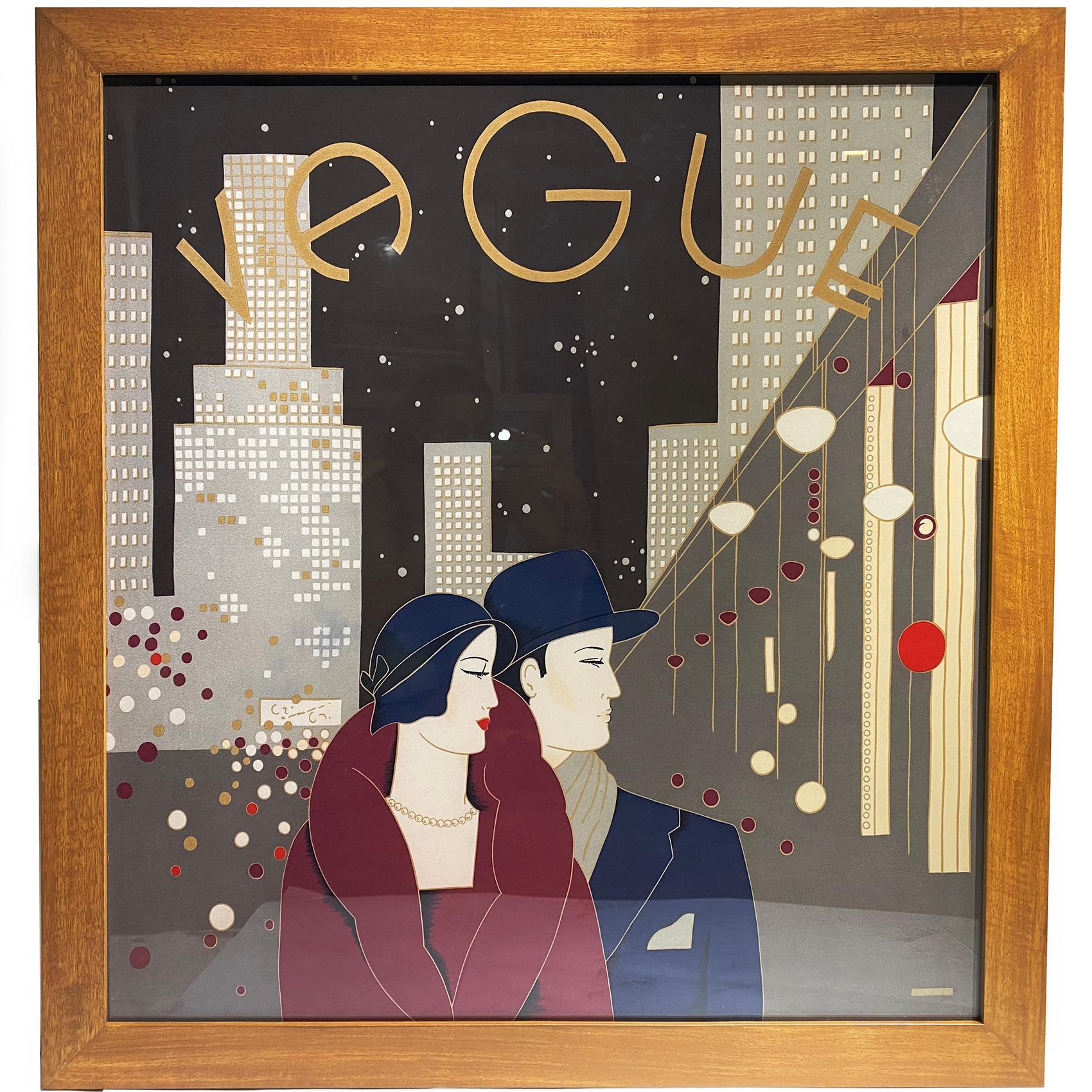 Art Deco style silk scarf by Pancaldi, featuring a women and a man in the city dressed in 1930 style , entitled “VAGUE”
Signed Pancaldi in the bottom left corner.
Covered with plexiglass on the front with the scarf stretched on white Masonite wood.