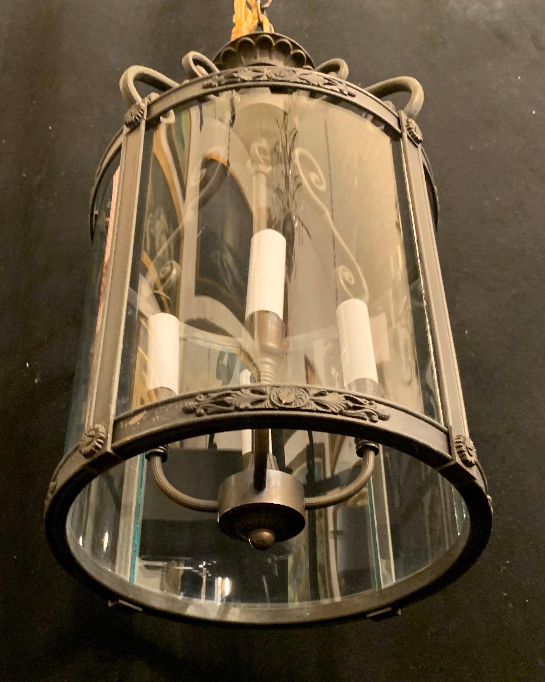 Wonderful Patinated Bronze Petite Rounded Glass 3-Light Lantern Fixture In Good Condition For Sale In Roslyn, NY