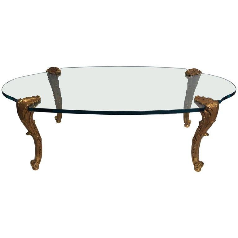 Wonderful P.E. Guerin Louis XV Leaf Form Bronze Oval Glass Coffee Cocktail Table