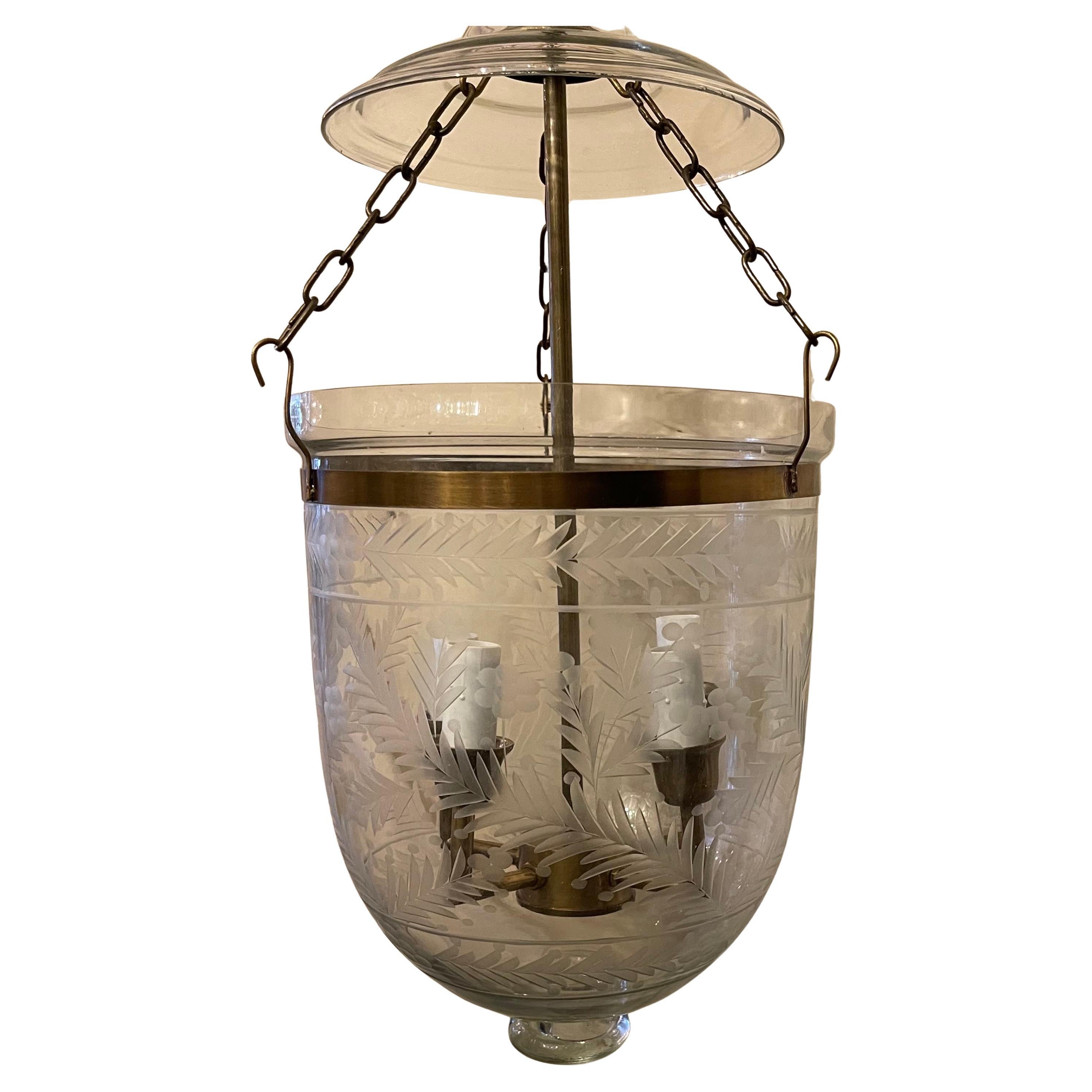 Wonderful Petite Set Of 3 Brass & Blown Etched Glass Bell Jar 4 Candelabra Light Lantern Fixtures

Each Lantern Sold Separately 