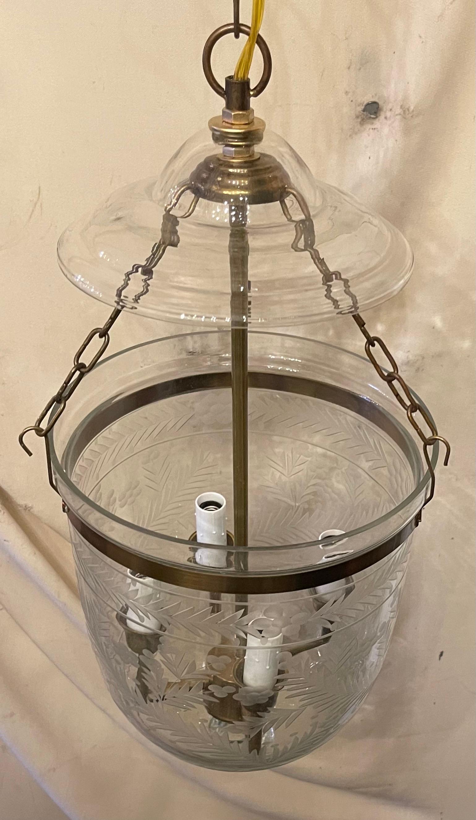 Regency Wonderful Petite 3 Brass Blown Etched Glass Bell Jar 4-Light Lantern Fixtures For Sale