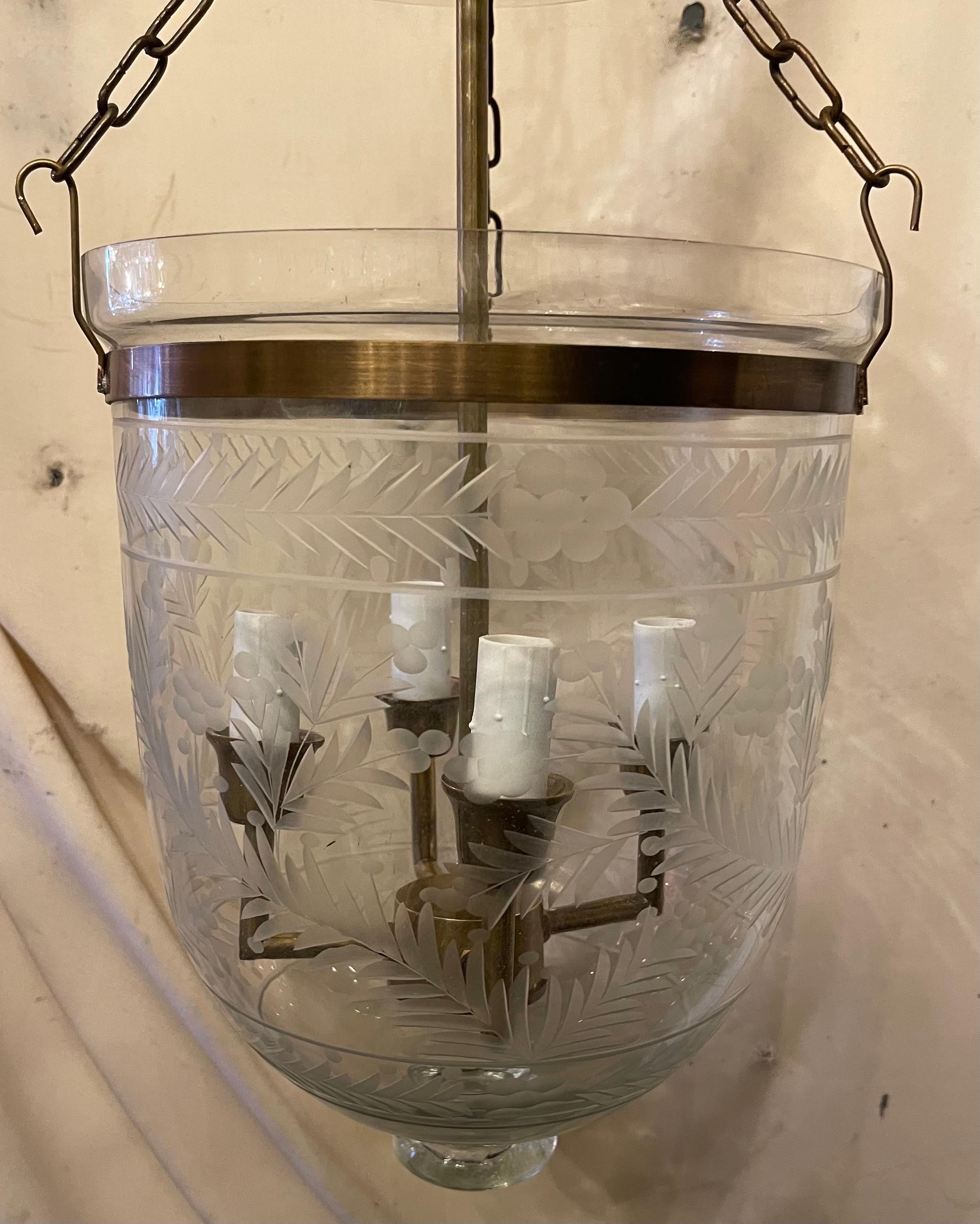 Wonderful Petite 3 Brass Blown Etched Glass Bell Jar 4-Light Lantern Fixtures In Good Condition For Sale In Roslyn, NY