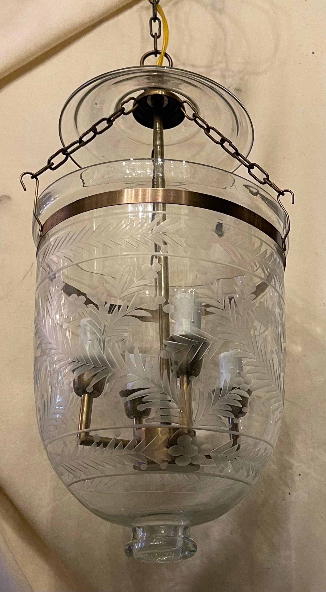 20th Century Wonderful Petite 3 Brass Blown Etched Glass Bell Jar 4-Light Lantern Fixtures For Sale