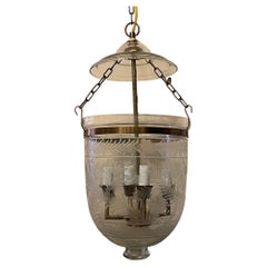 Wonderful Petite 3 Brass Blown Etched Glass Bell Jar 4-Light Lantern Fixtures